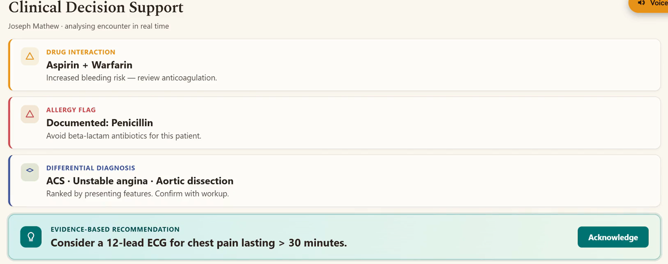 Clinical decision support with drug interaction alert, allergy flag, differential diagnosis