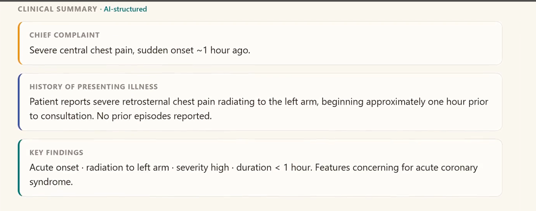 AI-structured clinical summary with chief complaint and history