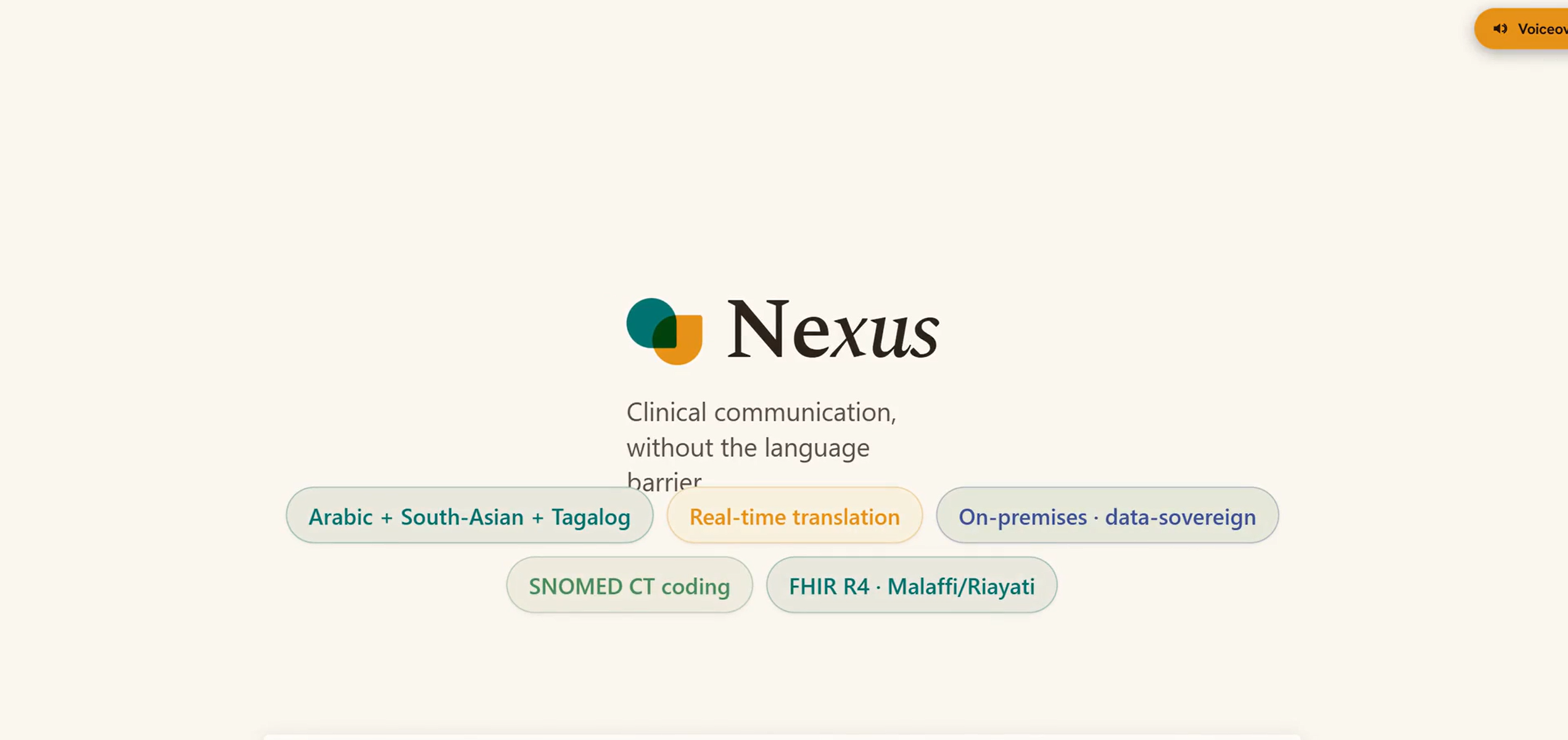 Nexus intro screen showing language tags and key features
