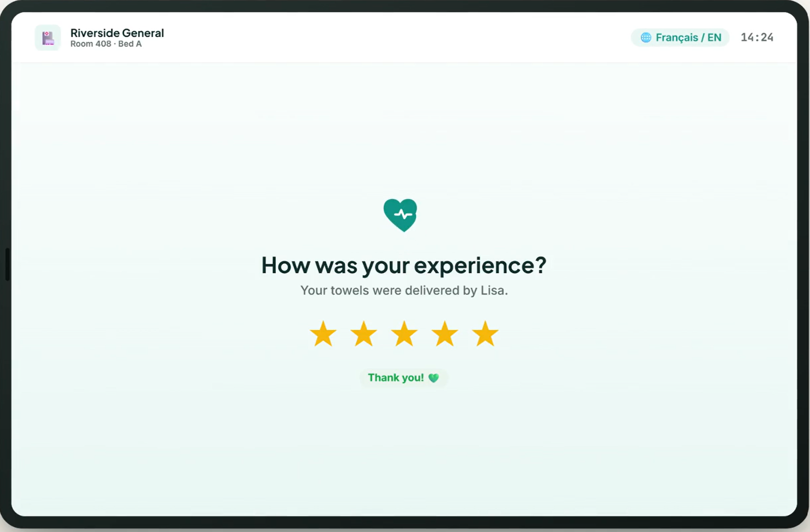 Oris satisfaction screen — How was your experience? Your towels were delivered by Lisa.